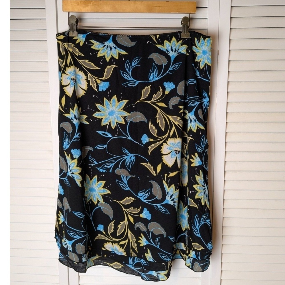 i.e. Women's XL Floral Hi‎ Low Skirt Black Blue Yellow Midi Asymmetrical Vtg Y2K